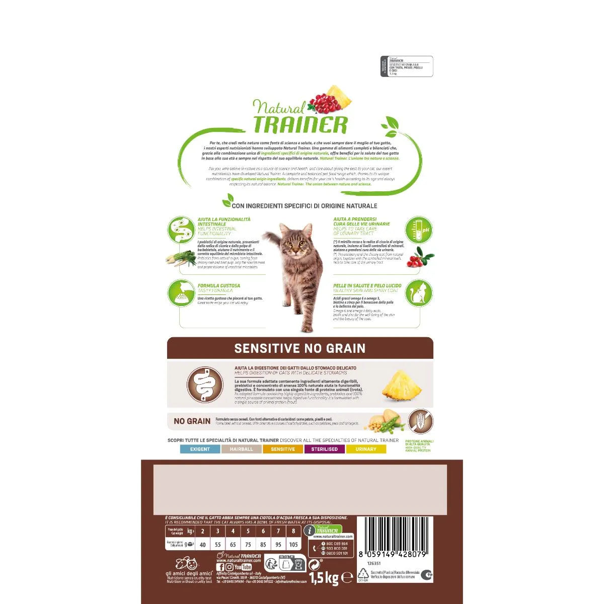 Alimento completo Natural Trainer Gatto Sensitive Trota 1,5 kg per gatti adulti con sensibilità digestiva Alimento completo Natural Trainer Gatto Sensitive Trota 1,5 kg per gatti adulti con sensibilità digestiva